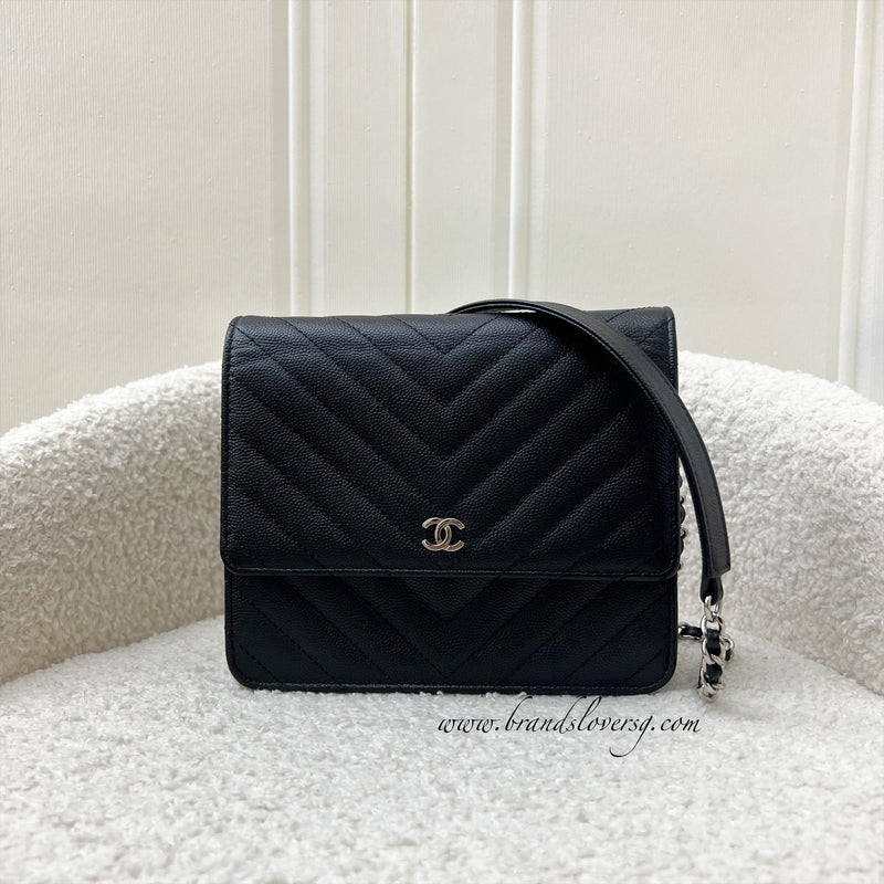 Chanel Square Wallet on Chain WOC in Chevron Quilted Black Caviar and LGHW