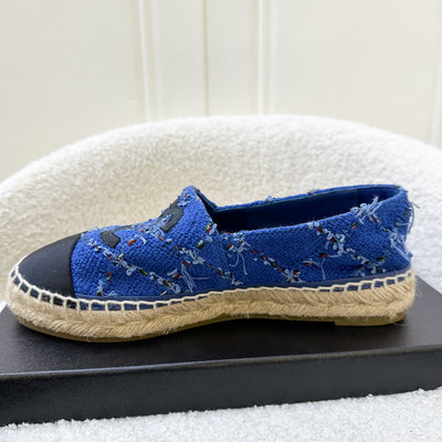 Chanel Espadrilles in Blue Tweed and Black Gosgrain Sz 37