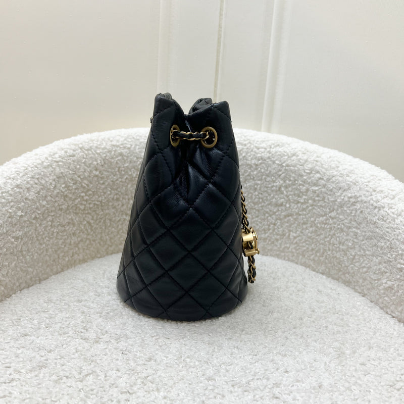 Chanel 22S New Pearl Crush Bucket Bag in Black Lambskin and AGHW