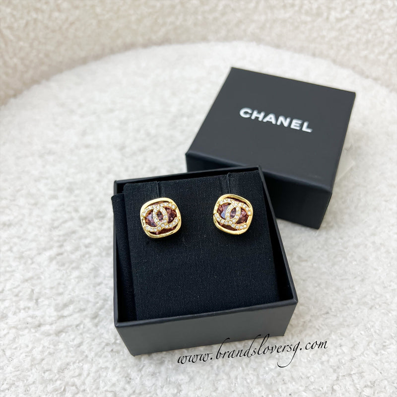 Chanel Pink Square Resin and Crystals CC Logo Earrings in GHW