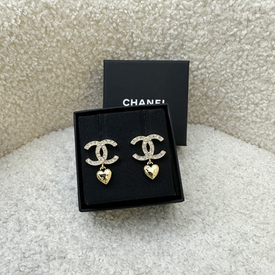 Chanel 23P Heart Dangling Earrings with Crystals in GHW