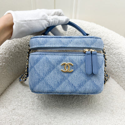 Chanel 22B Cheer for Chanel Vanity Case with Top Handle in Light Blue Denim Fabric and AGHW