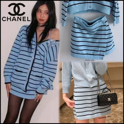 Chanel 25S Baby Blue Knitted Striped Skorts in 100% Cashmere (Model: P79614)