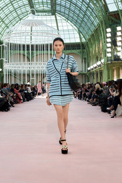 Chanel 25S Long Sleeved Shirt in Blue with Black Stripes 100% Silk (Model: P79458)