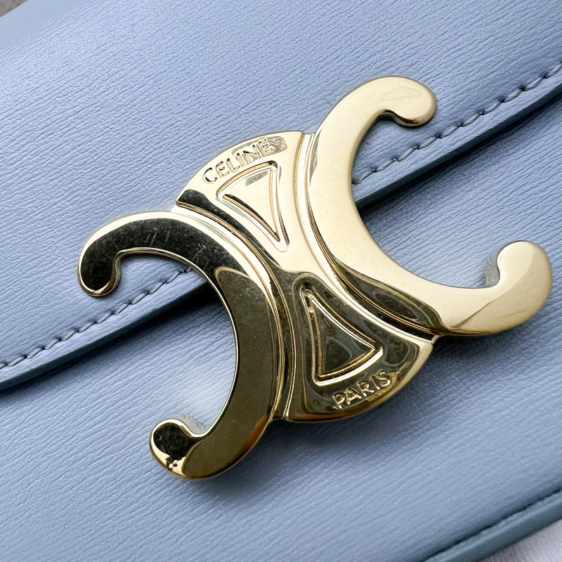 Celine Triomphe Mini Claude Flap Bag in Ice Blue Shiny Calfskin and GHW