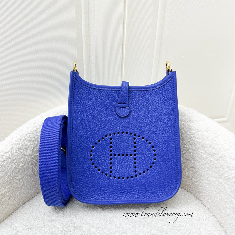 Hermes Mini Evelyne 16 in Bleu Royal Clemence Leather, Canvas Strap and GHW