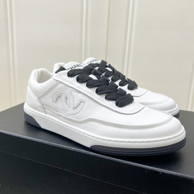 Chanel 24P CC Logo Black and White Sneakers in Calfskin Sz 37