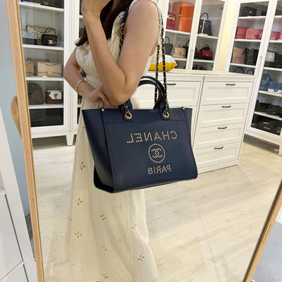 Chanel Small / Medium Deauville Tote in Navy Caviar and AGHW