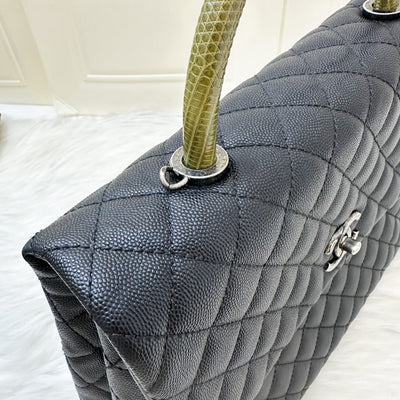 Chanel Large 32cm Coco Handle Flap with Green Lizard-Embossed Calfskin Handle in Black Caviar and RHW