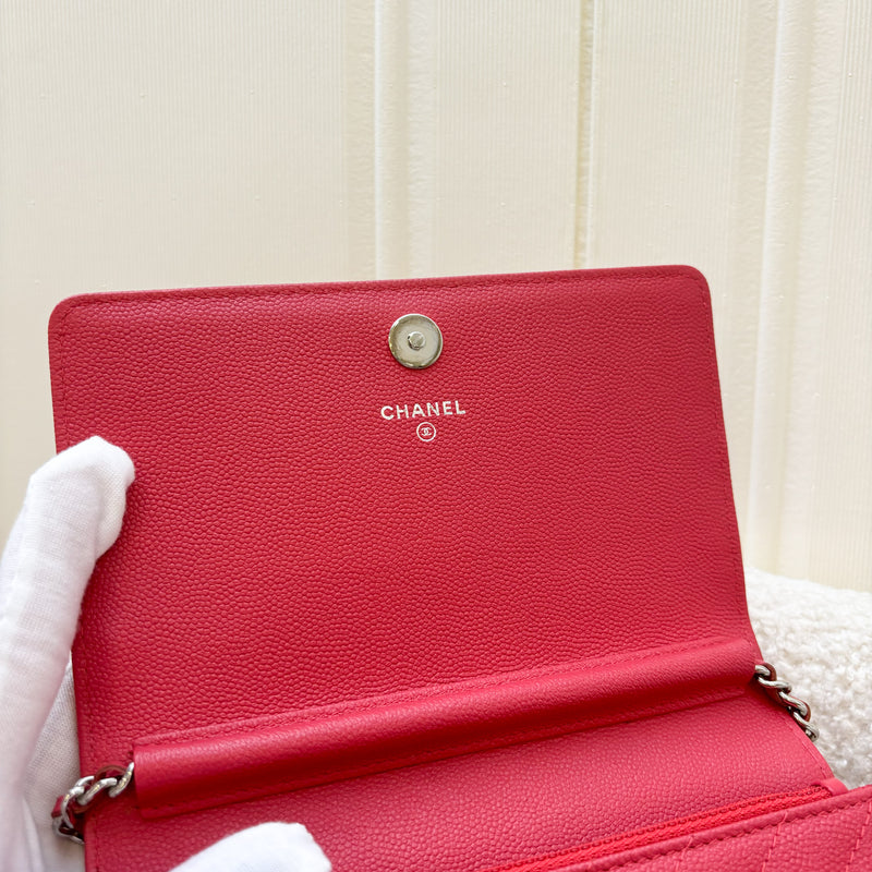 Chanel Square Wallet on Chain WOC in Chevron Raspberry Pink Caviar SHW