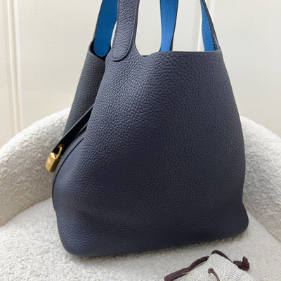 Hermes Picotin 22 in Bicolor Black / Bleu Nuit Clemence Leather, Bleu Frida Inner Handles and GHW