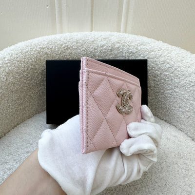 Chanel 22S Flat Card Holder in Pink Caviar and Crystals Studded Logo