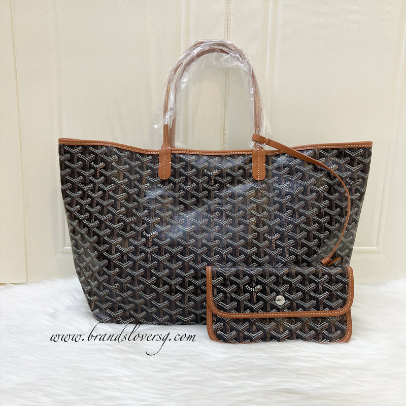 Goyard Saint Louis PM Tote in Black Signature Goyardine Canvas and Brown Trim