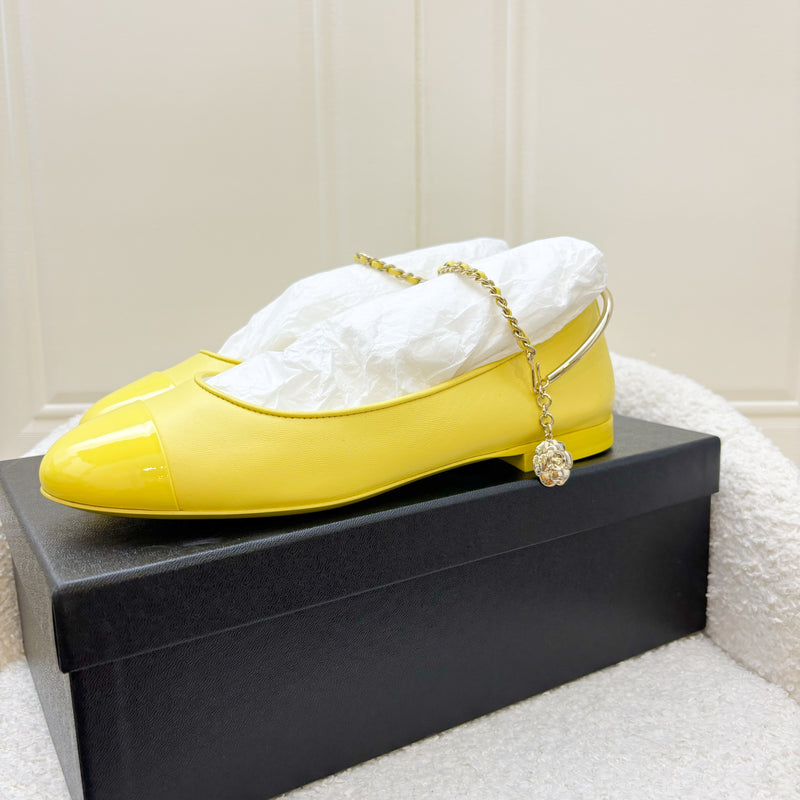 Chanel Ballerina Pumps in Yellow Lambskin and Patent Leather with Camilia Dangling Charm Sz37