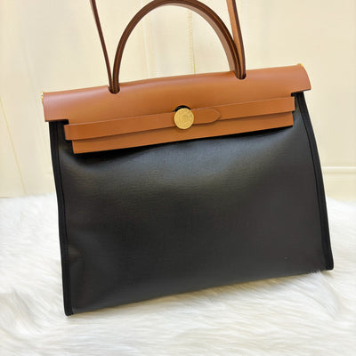 Hermes Herbag Zip 31 in Noir and Ecru / Noir Canvas, Fauve Leather and GHW