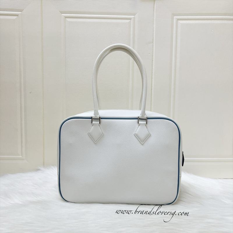 Hermes Plume 28 in White Epsom Leather, Blue Trim and PHW