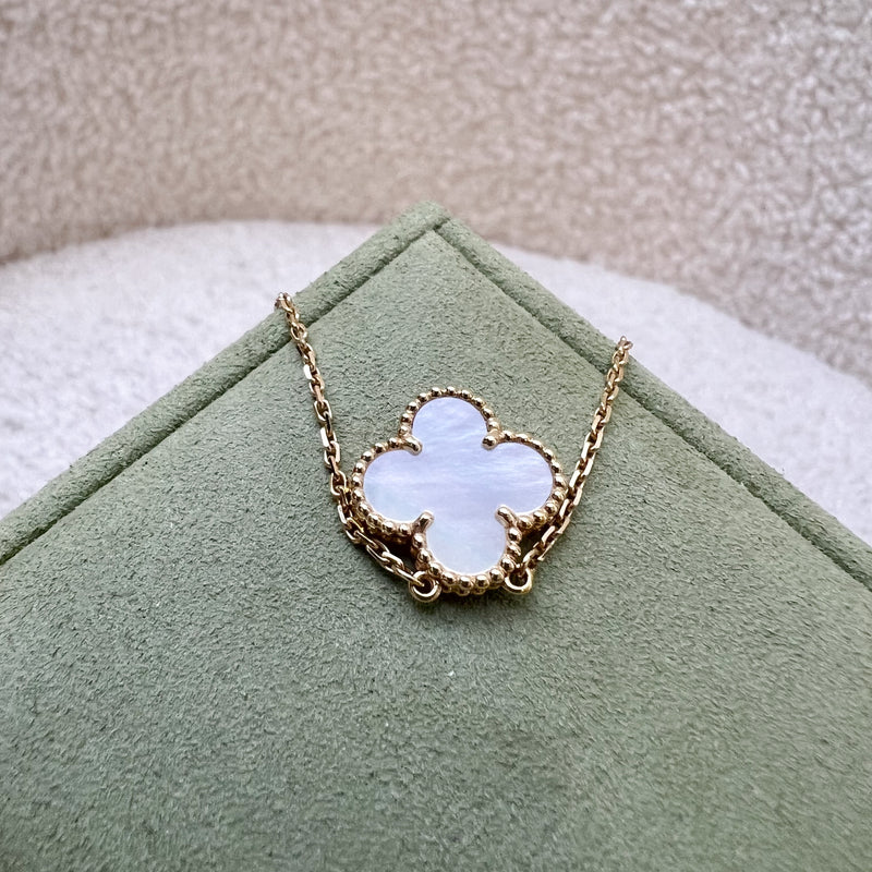 Van Cleef & Arpels VCA Vintage Alhambra White Mother of Pearl MOP Pendant Necklace in 18K Yellow Gold (Extended Length)