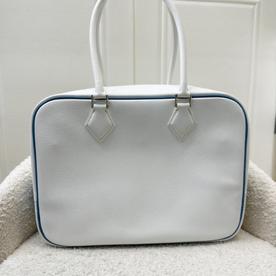 Hermes Vintage Plume 28 White Epsom Leather, Blue Trim and PHW