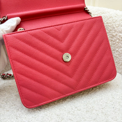 Chanel Square Wallet on Chain WOC in Chevron Raspberry Pink Caviar SHW