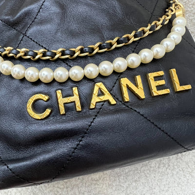 Chanel 22 Mini with Pearls in Black Distressed Calfskin and AGHW