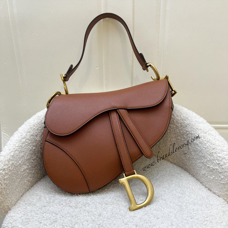 Dior Medium Saddle Bag in Camel / Tan Grained Calfskin and AGHW
