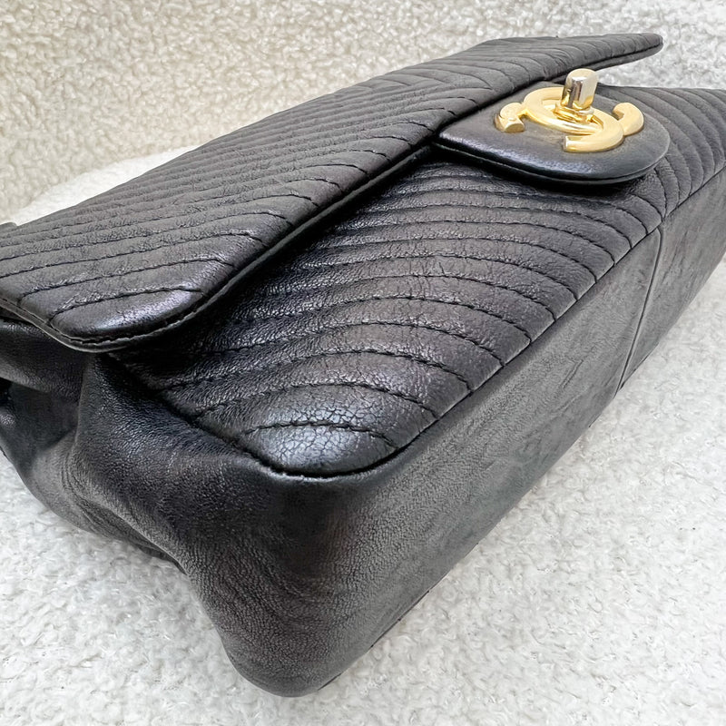 Chanel Seasonal Herringbone Medium Flap in Black Distressed Calfskin AGHW