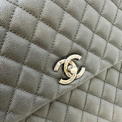 Chanel Large 32cm Coco Handle Flap with Green Lizard-Embossed Calfskin Handle in Black Caviar and RHW