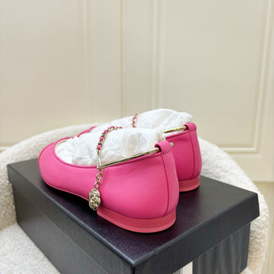 Chanel Ballerina Pumps in Hot Pink Lambskin and Patent Leather with Chanel Logo Dangling Charm Sz 36