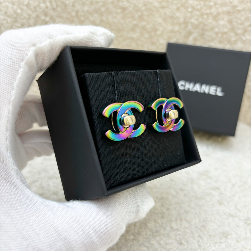 Chanel 18C CC Double Changeable Classic Logo Earrings in LGHW and Rainbow HW