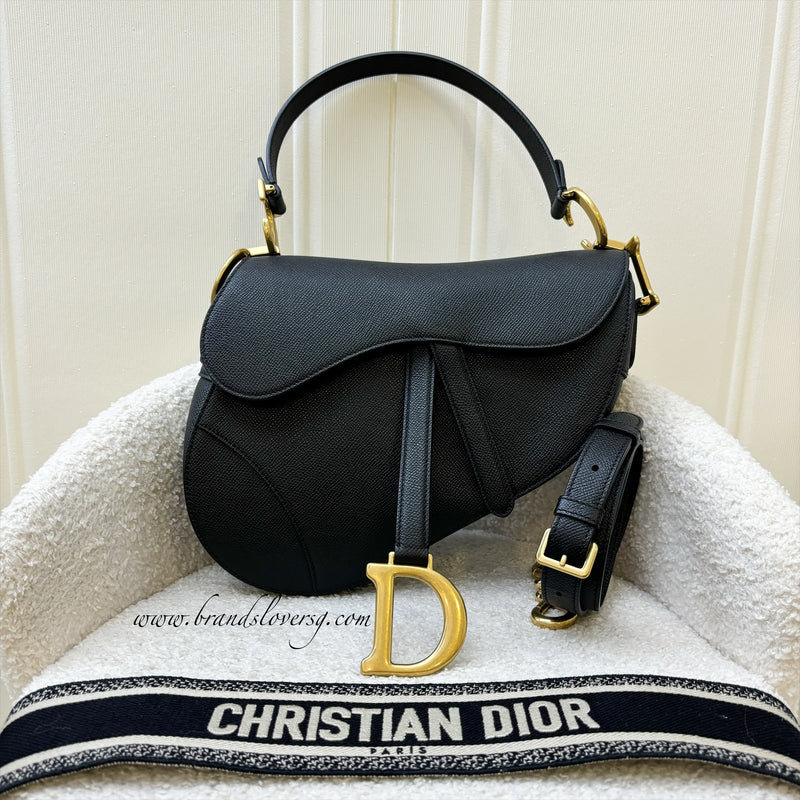 Dior Medium Saddle Bag with Strap in Black Grained Calfskin and AGHW (With Additional Canvas Strap)