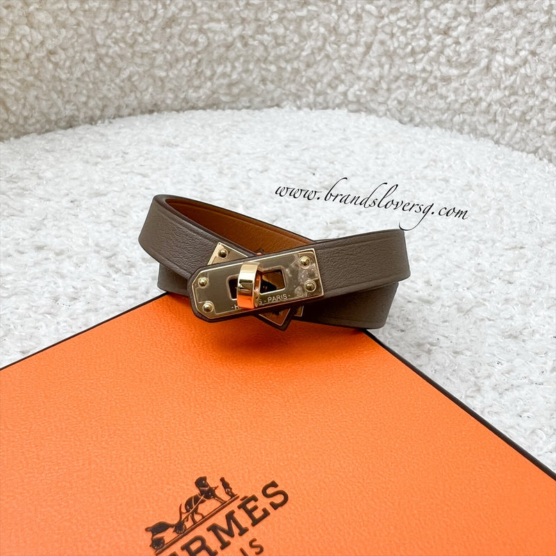 Hermes Mini Kelly Double Tour Bracelet in Etoupe Swift Leather and RGHW Sz T1