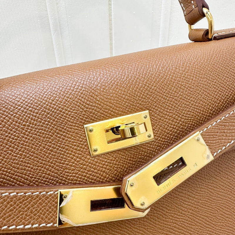 Hermes Vintage Kelly 28 Sellier in Gold Courcheval / Epsom Leather and GHW