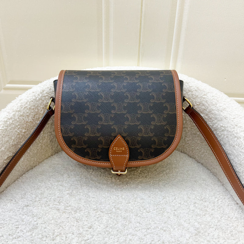 Celine Medium Folco Bag in Triomphe Canvas, Tan Calfskin and GHW