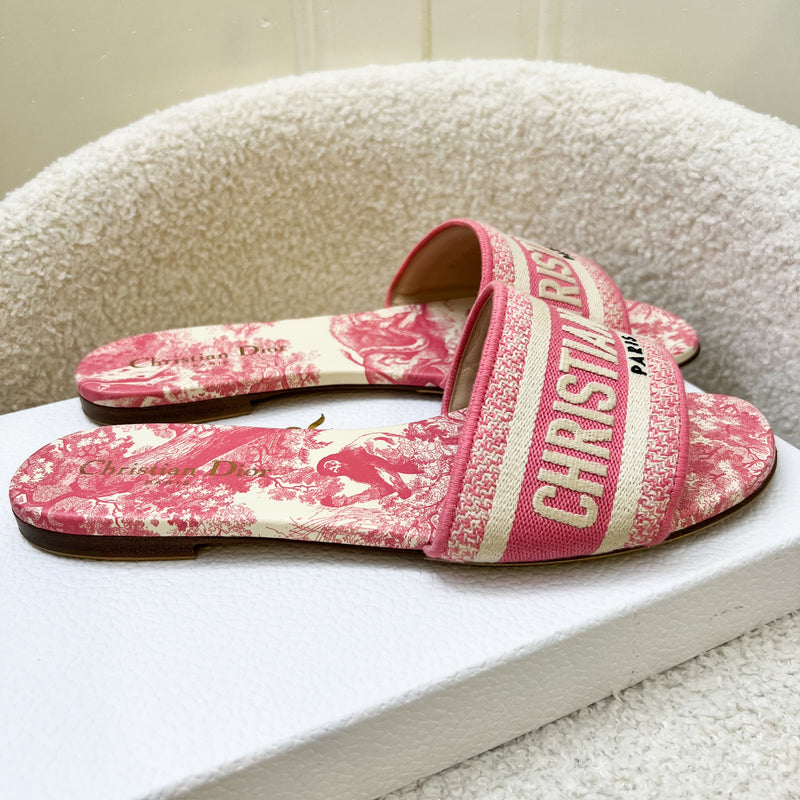 Dior Dway Slides / Sandals in Pink Toile De Jouy Embroidered Cotton Sz 39