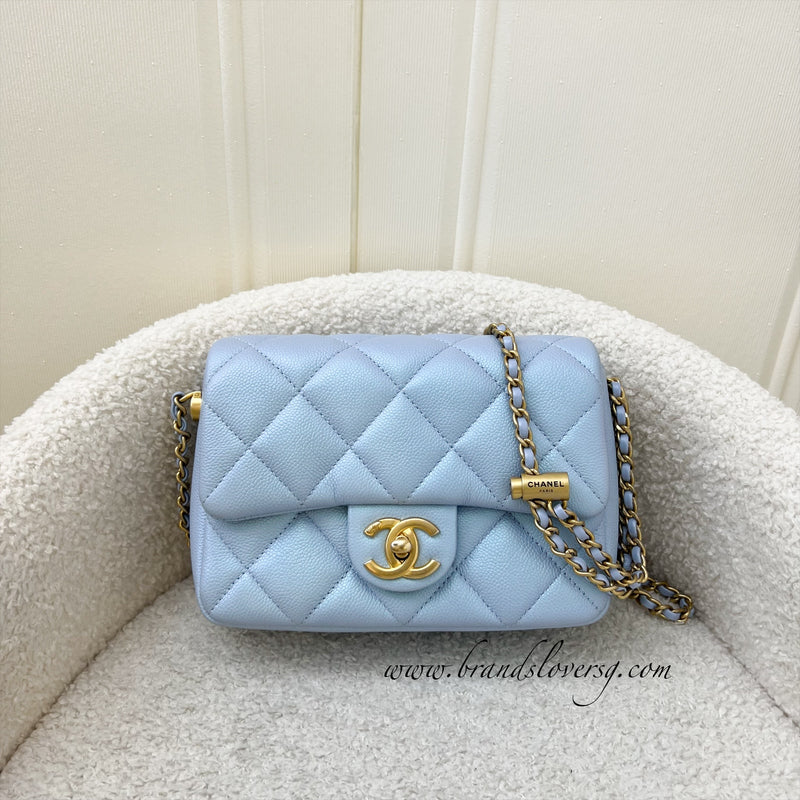 Chanel 21K Perfect Mini Square Adjustable Chain Flap in Iridescent Light Blue Caviar and AGHW