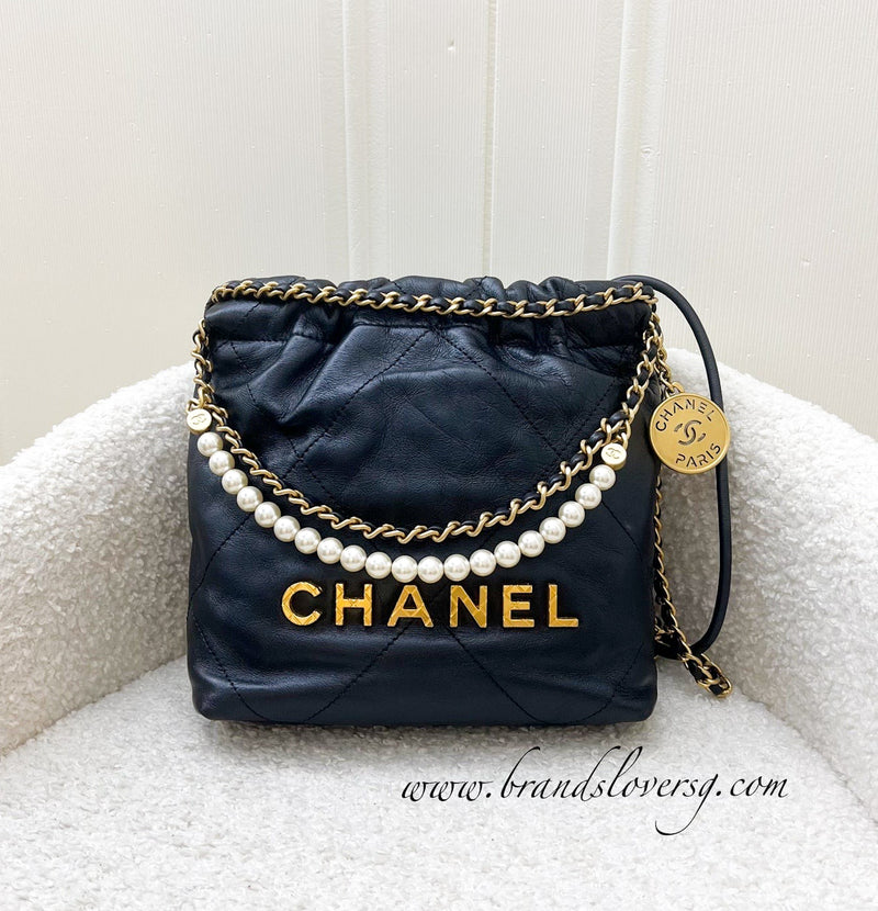 Chanel 22 Mini with Pearls in Black Distressed Calfskin and AGHW