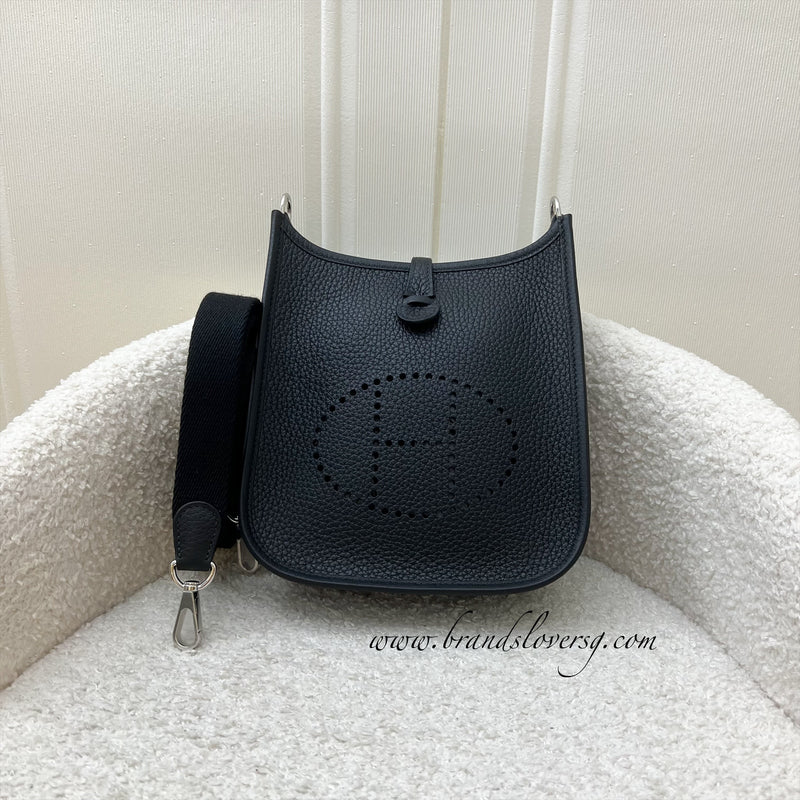 Hermes Mini Evelyne 16 in Black Clemence Leather, Canvas Strap and PHW