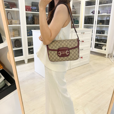Gucci Horsebit 1955 Soft Medium Shoulder Bag in Coated Canvas, Burgundy Leather and LGHW