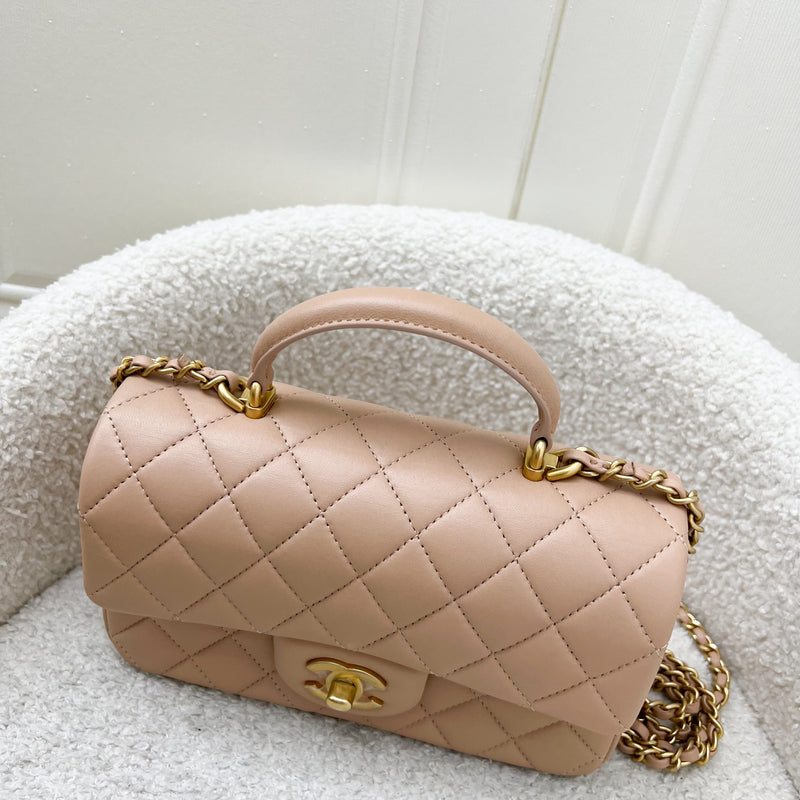 Chanel Top Handle Mini Rectangle Flap in 21A Rose Beige Lambskin in AGHW