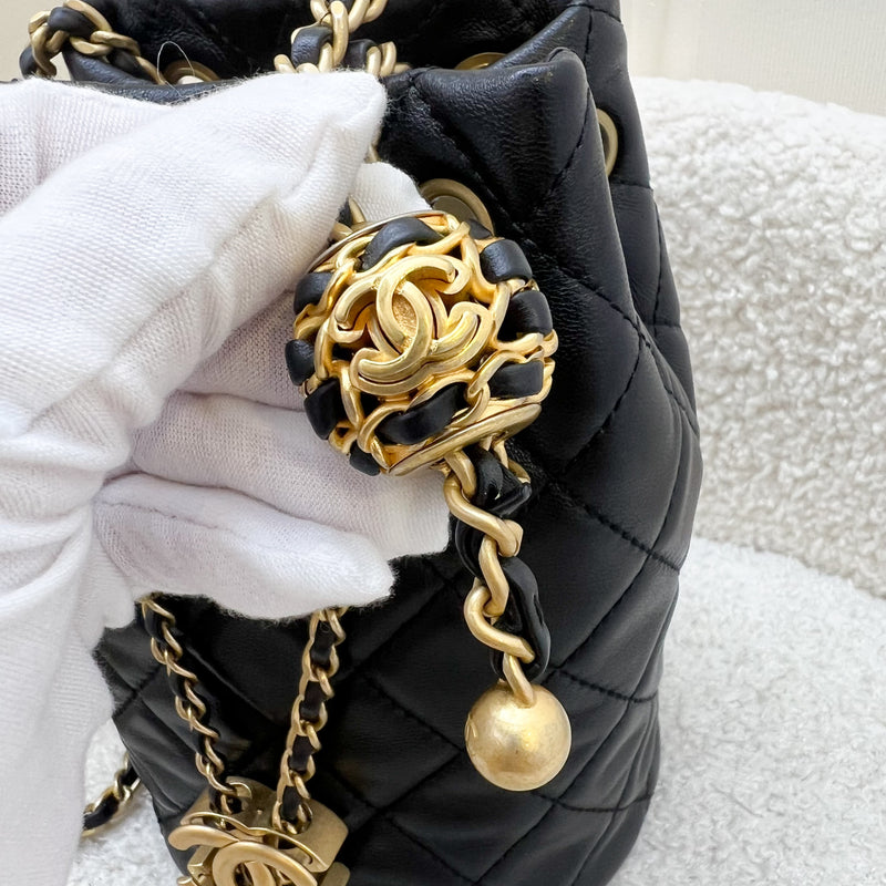 Chanel 22S New Pearl Crush Bucket Bag in Black Lambskin and AGHW