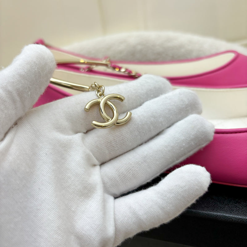 Chanel Ballerina Pumps in Hot Pink Lambskin and Patent Leather with Chanel Logo Dangling Charm Sz 36