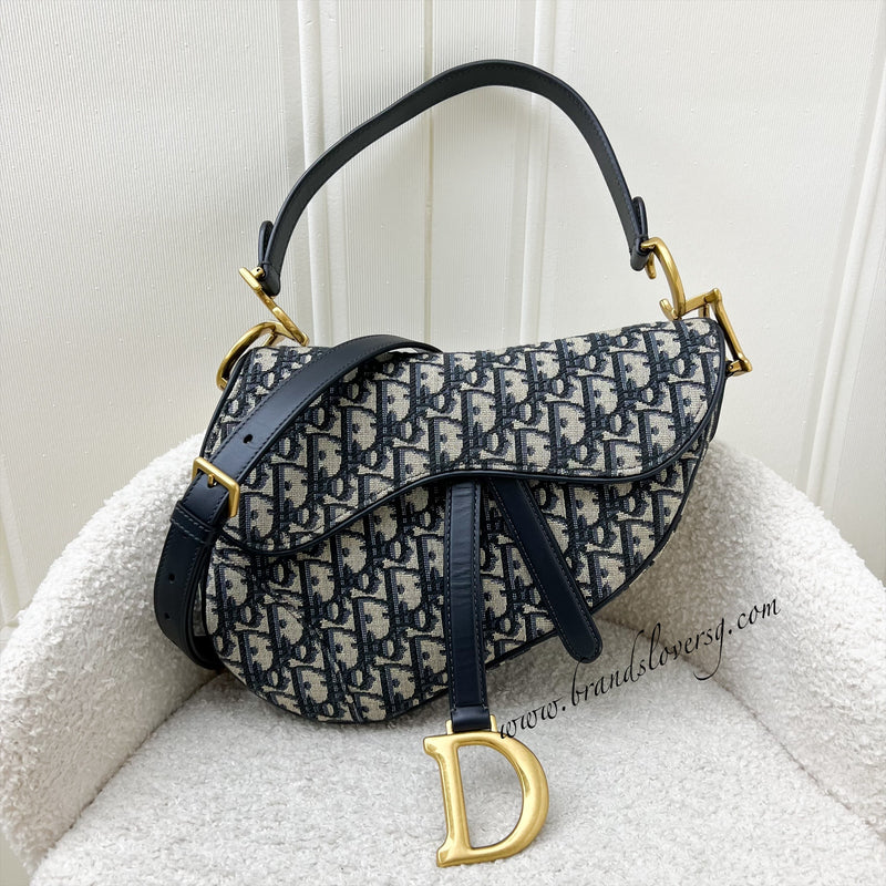 Dior Medium Saddle Bag in Navy Oblique Canvas and AGHW (With Strap)