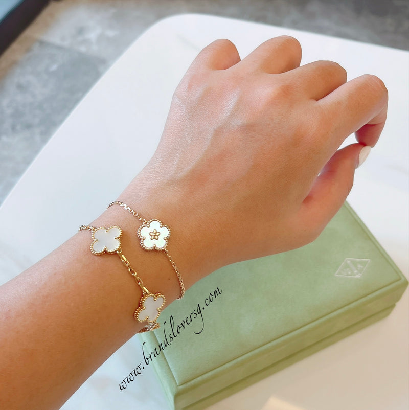 Van Cleef & Arpels VCA Lucky Spring Plum Blossom Bracelet with White Mother of Pearl MOP in 18K Rose Gold (Ref: VCARP9V900)