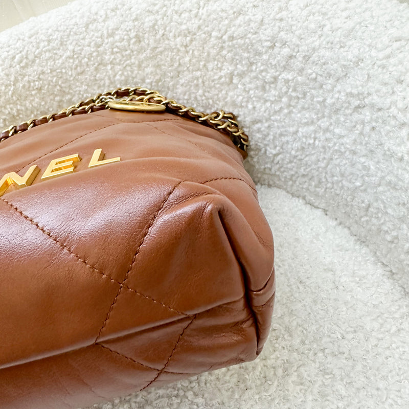 Chanel 22 Mini Hobo Handbag in 23A Brown Calfskin and AGHW