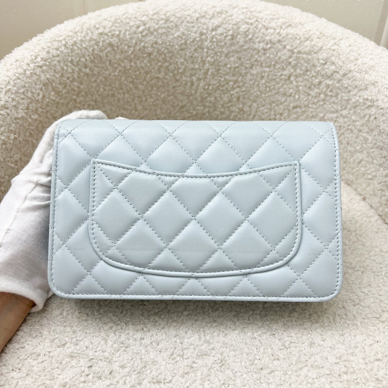 Chanel 24P Wallet on Chain with Pearl CC Logo in Baby Blue Glossy Lambskin and LGHW