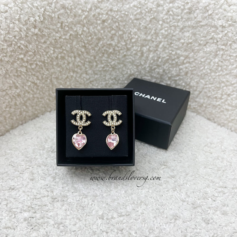 Chanel 22B Dangling Earrings with Pink Heart Crystal and LGHW