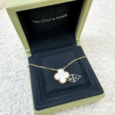 Van Cleef & Arpels VCA Vintage Alhambra White Mother of Pearl MOP Pendant Necklace in 18K Yellow Gold (3cm Extended Length)