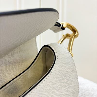 Dior Medium Saddle Bag in White Grained Calfskin and AGHW + Guitar Strap