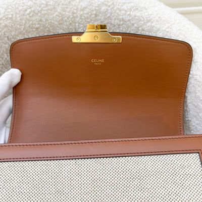 Celine Classique Triomphe Bag in Natural Textile and Tan Calfskin and GHW