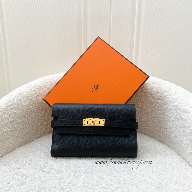 Hermes Portefeuille Kelly Depliant Wallet in Black Epsom Leather and GHW